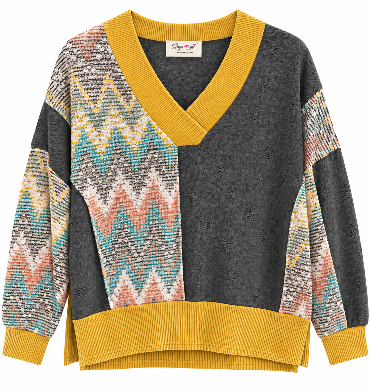 Distressed Mustard V Neck Sweeter LG