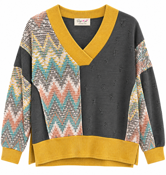 Distressed Mustard V Neck Sweeter LG