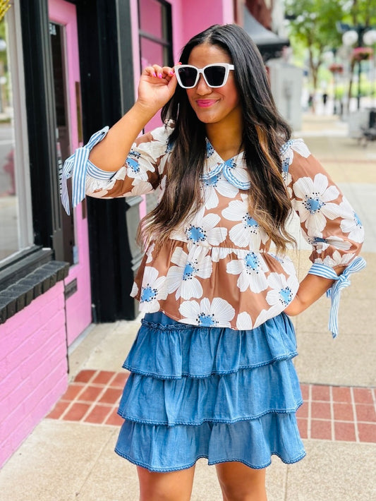 Blue Chambray Ruffle Mini Skirt