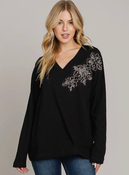 Black Rhinestone Long Sleeve Tee