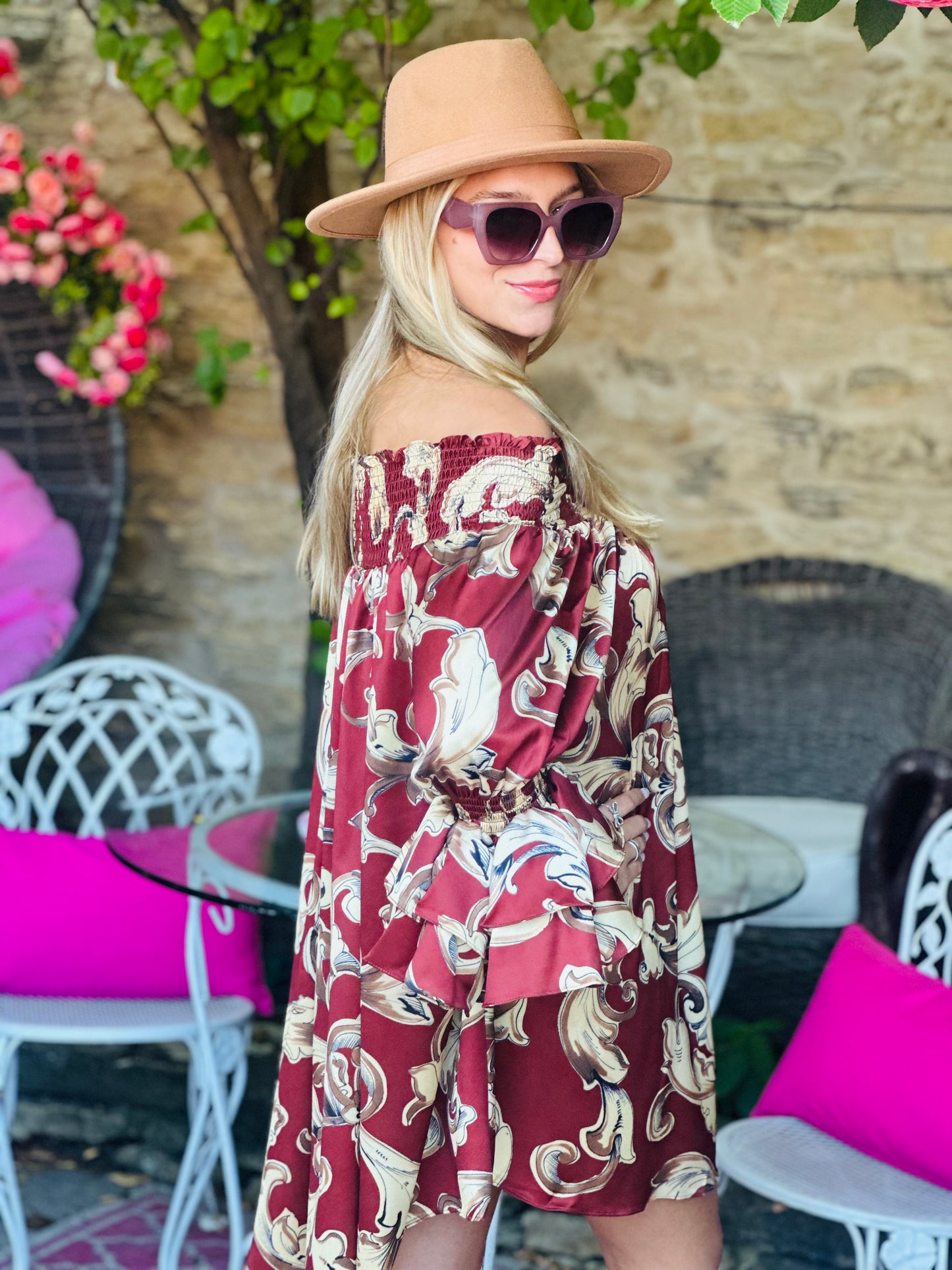Brown Multi Print Off Sholder Mini Dress