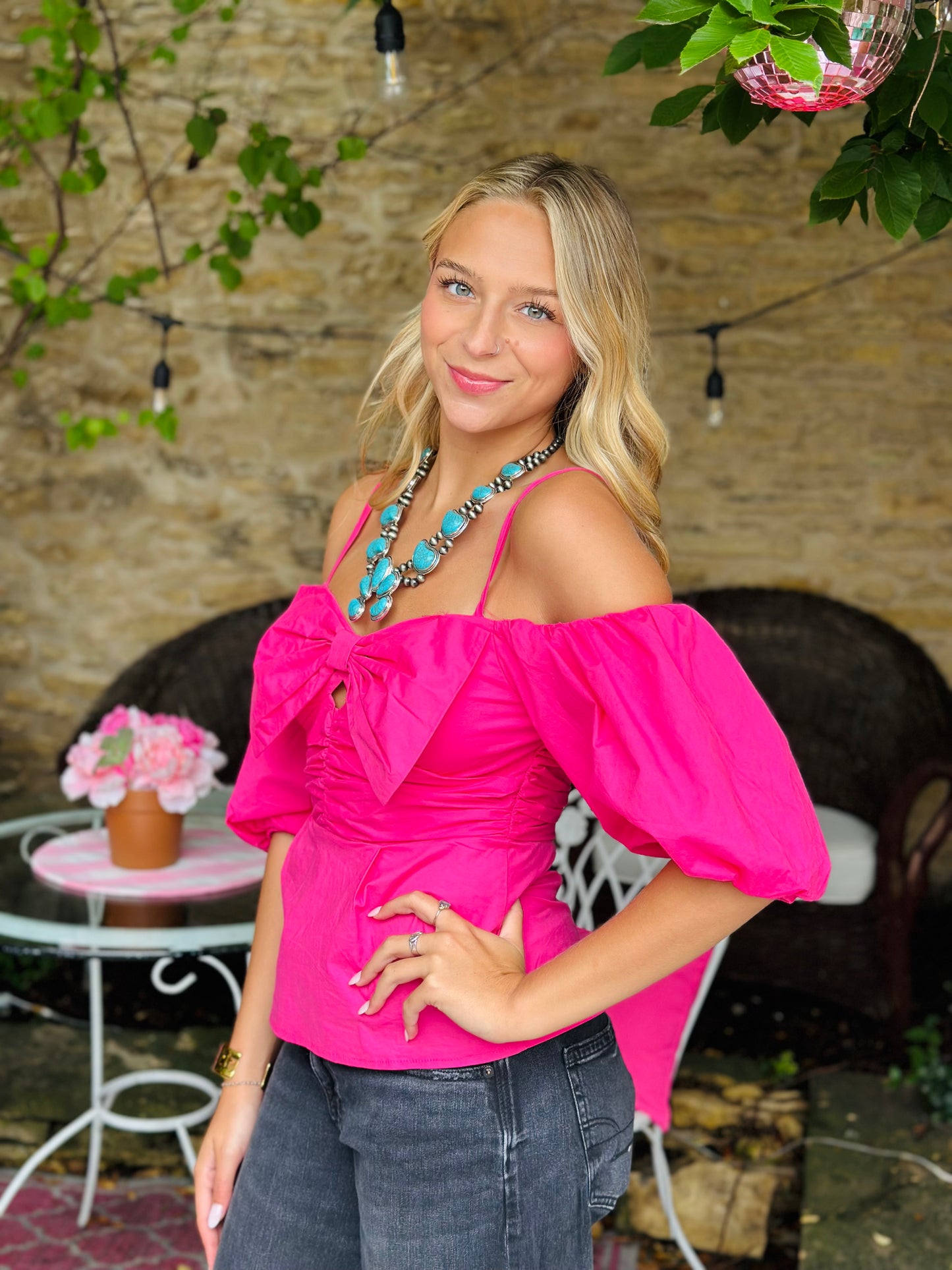 Pink Big Bow Off The shoulder Top