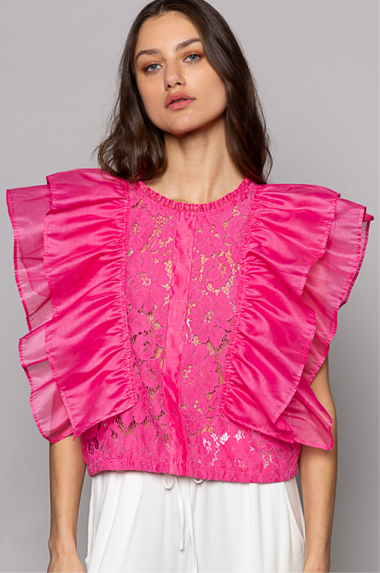 Pink Dramatic Ruffle Lace Top