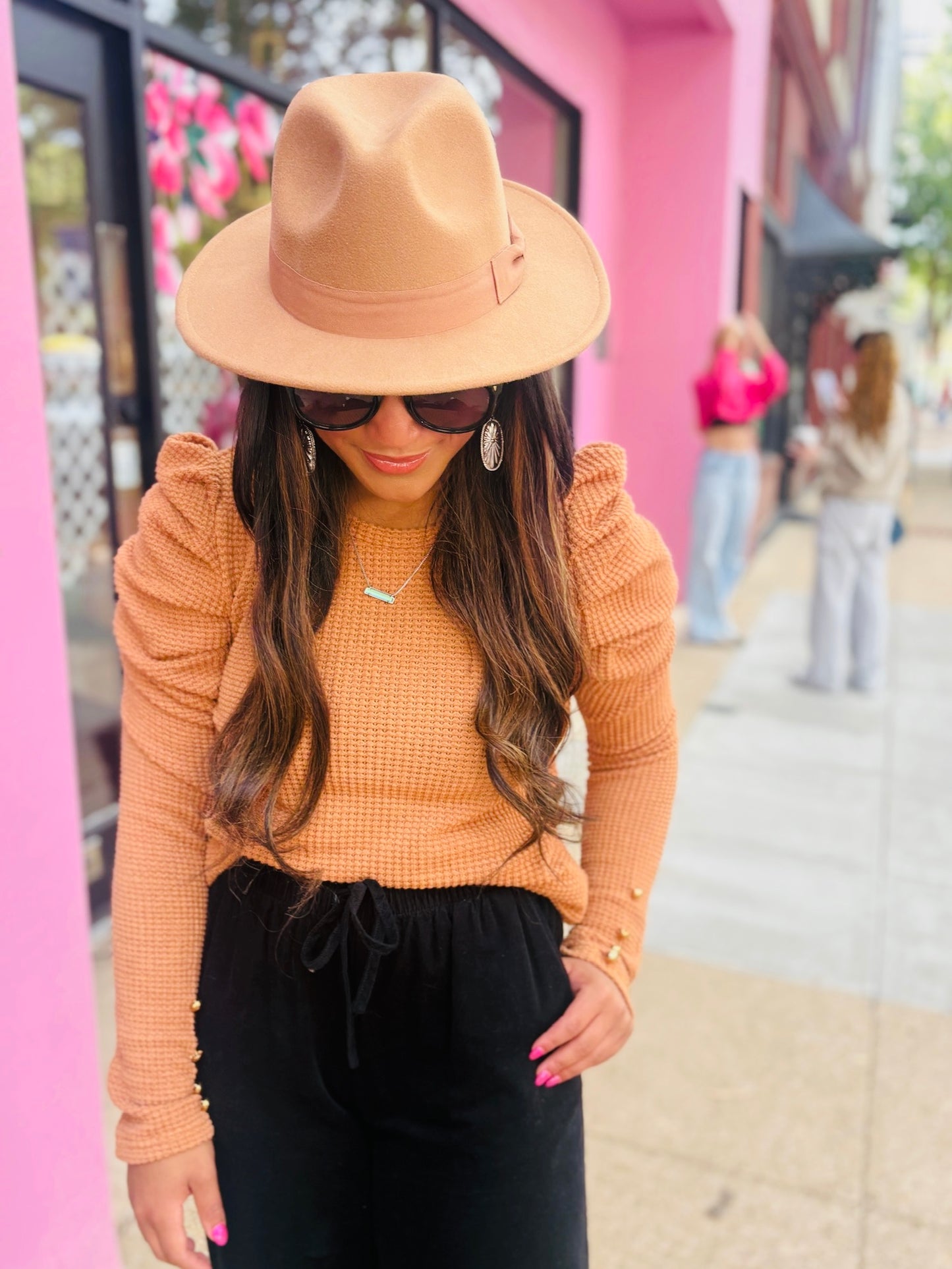Chestnut Gigot Sleeve Waffle Knit Tee