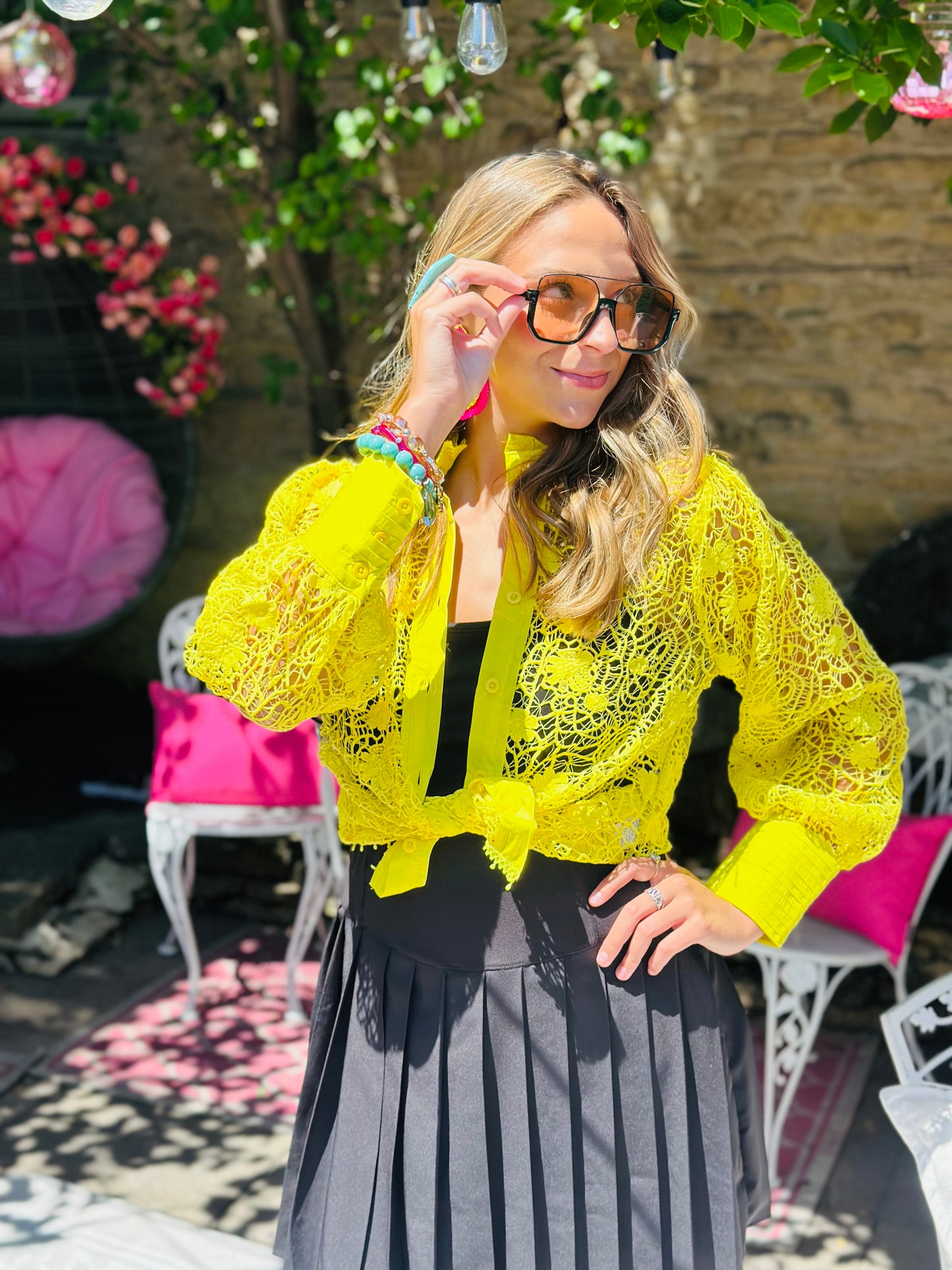 Yellow Puff Sleeve Lace Top