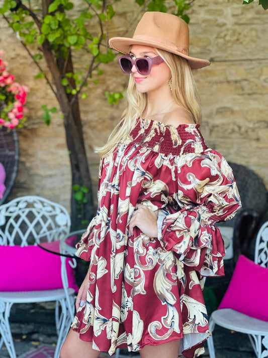 Brown Multi Print Off Sholder Mini Dress