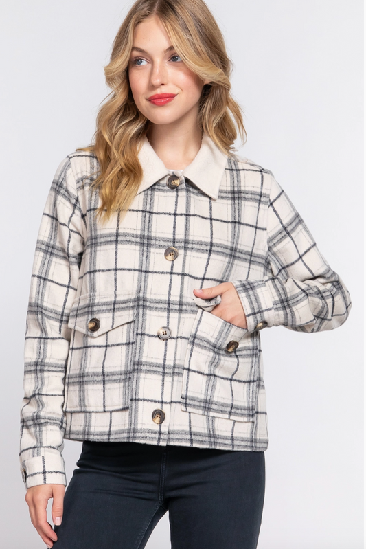 Ivory Faux Fur Collar Plaid Shacket