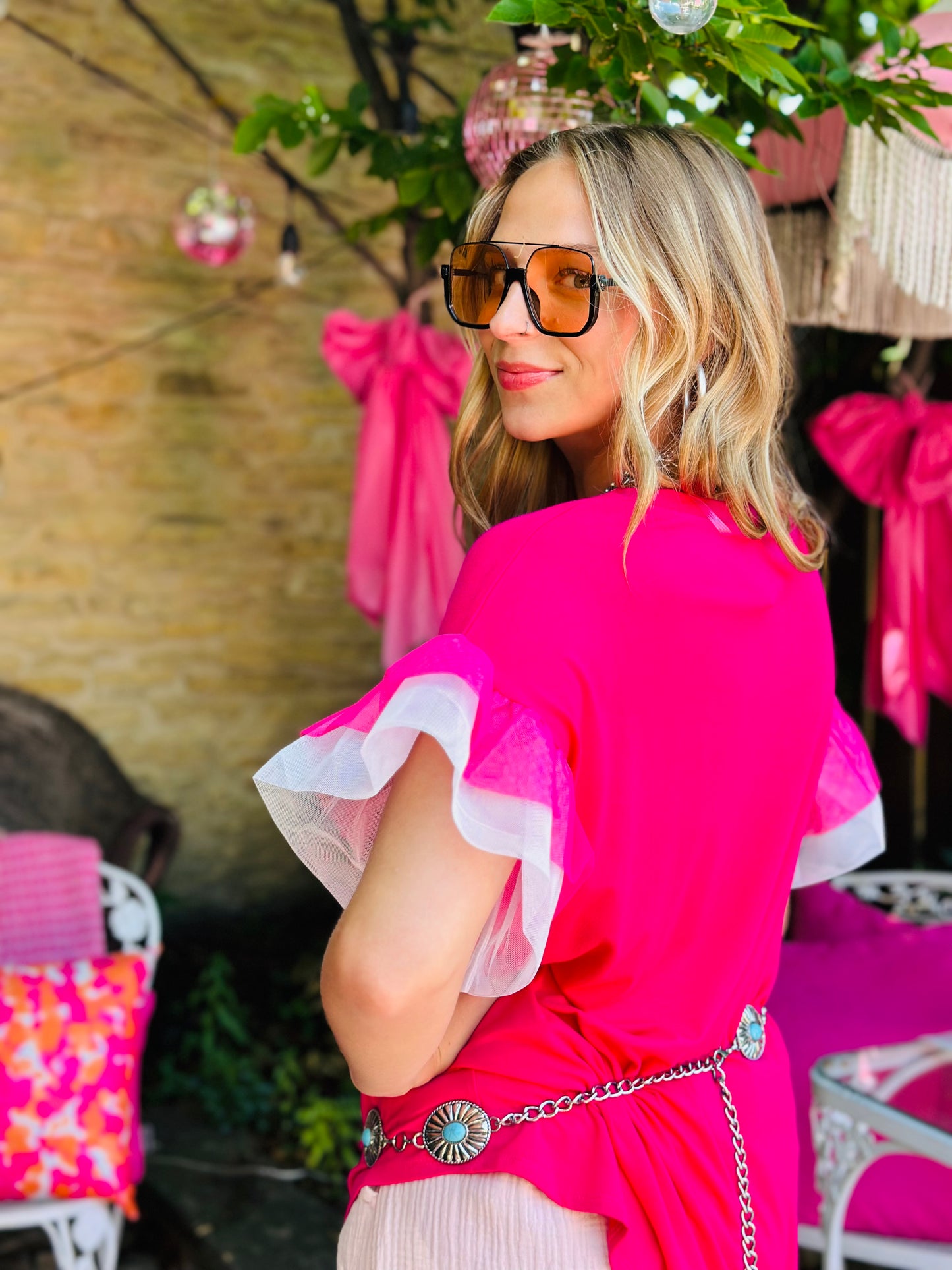 Pink Mesh Ruffled Sleeve Knit Top