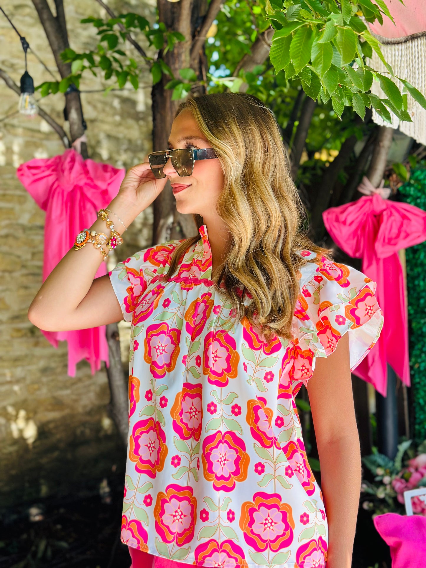 Multi Colored Floral Ruffle Sleeve Top