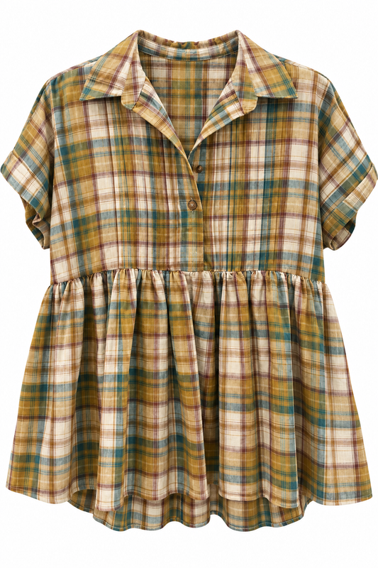 Olive Plaid Short Sleeve Top LG