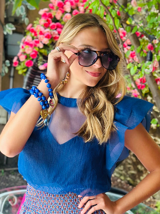 Navy Oversized Ruffle Organza Top