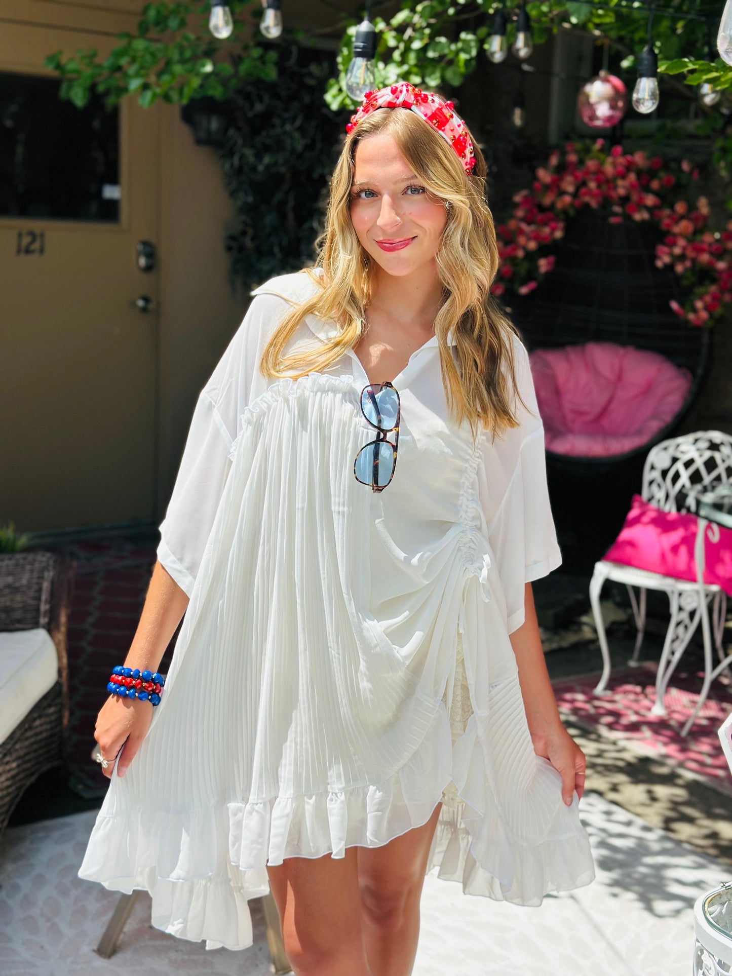 White Ruched Side Ruffle Hem Tunic Top