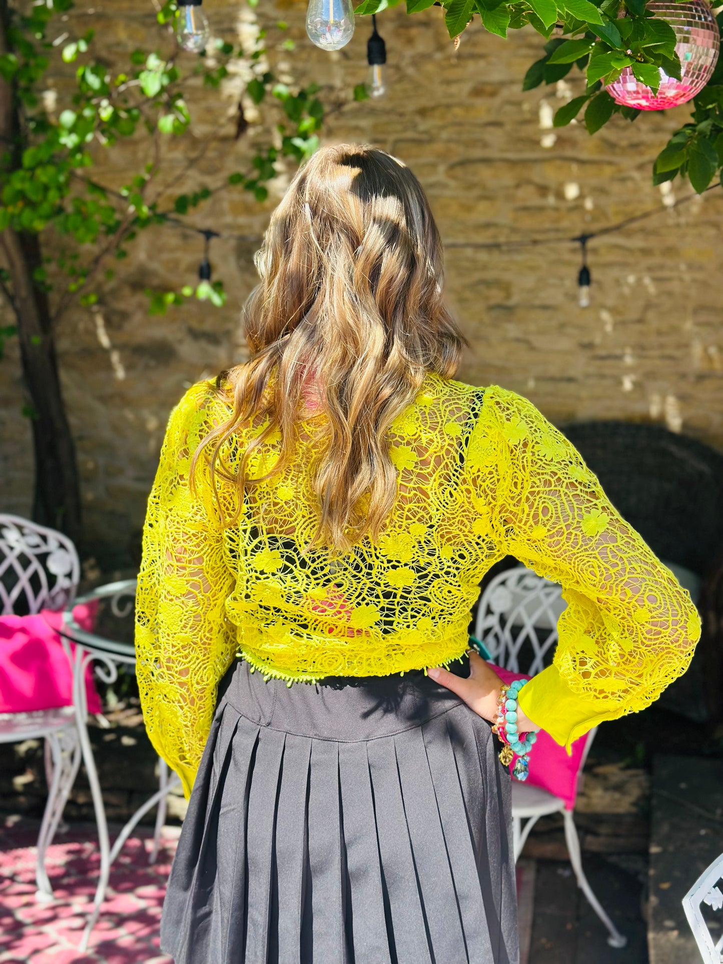 Yellow Puff Sleeve Lace Top