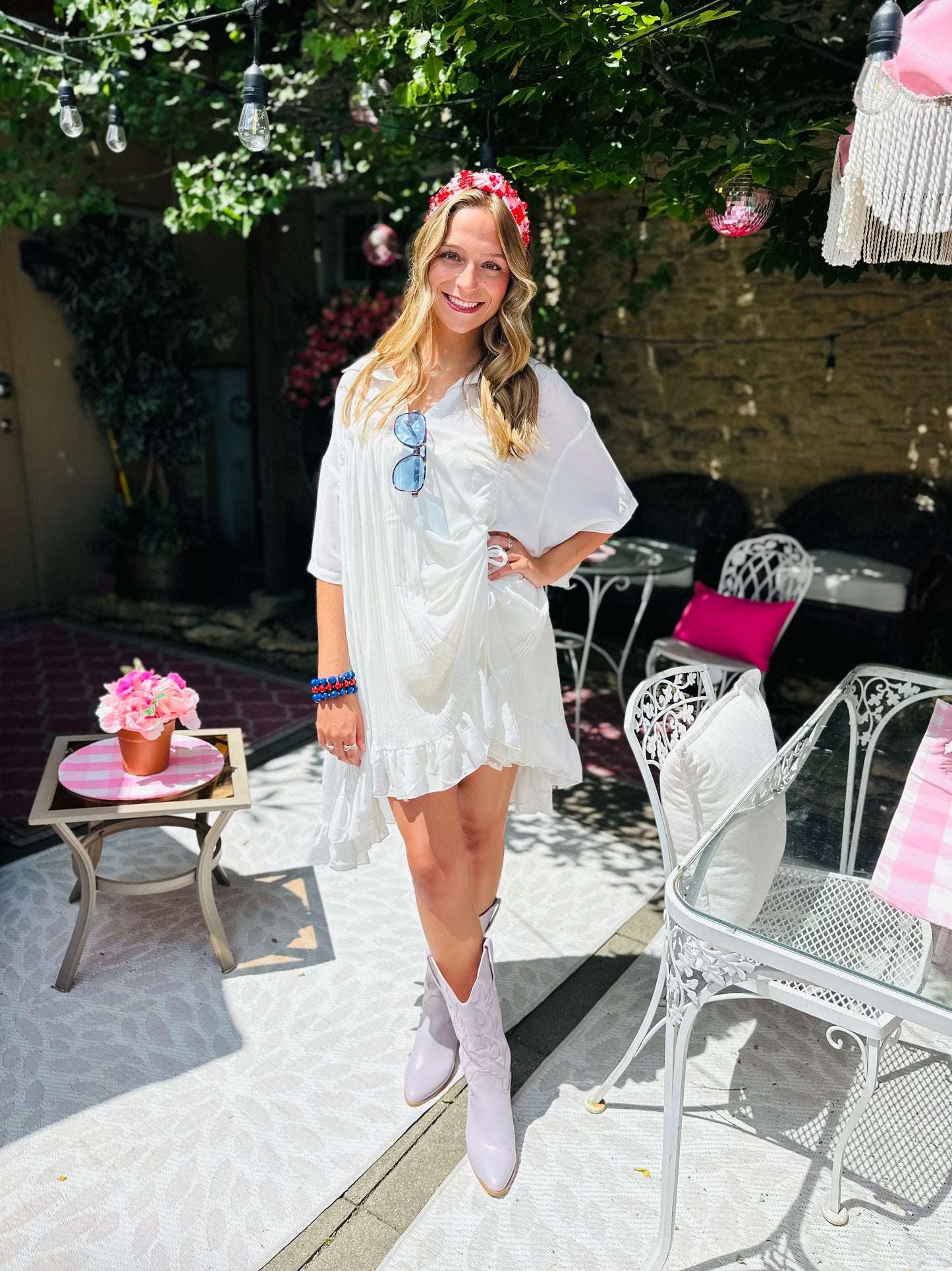 White Ruched Side Ruffle Hem Tunic Top