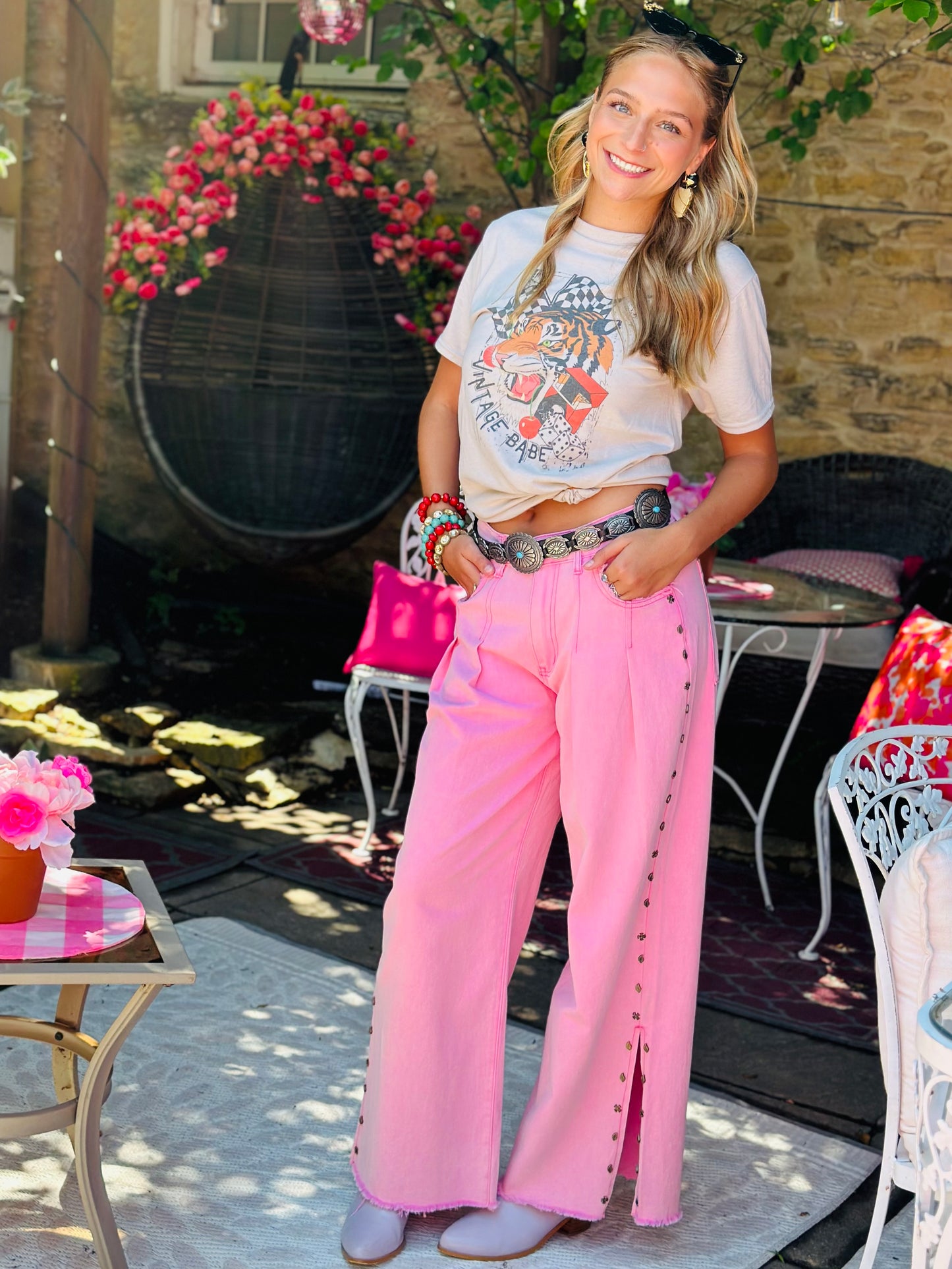 Pink  Stud Detail Twill Wide Woven Pants