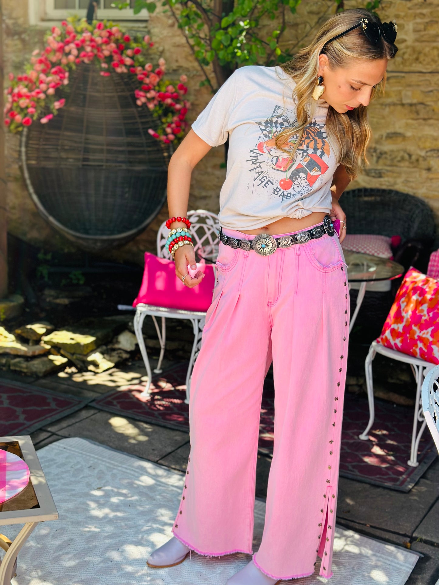 Pink  Stud Detail Twill Wide Woven Pants