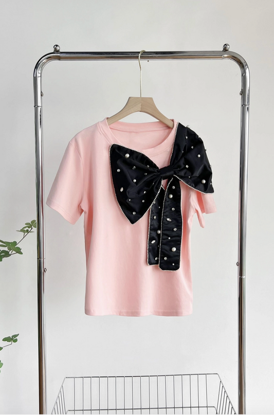 Pink Rhinestones Jeweled Bowknot Tee