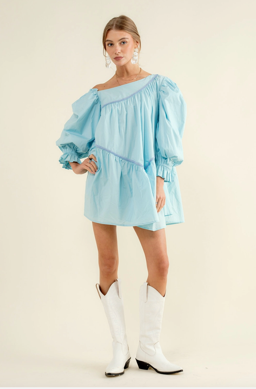 Baby Blue Puff Flowy Mini Dress