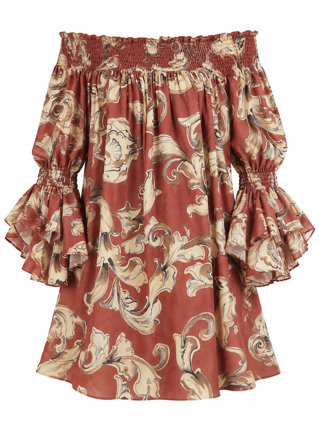 Brown Multi Print Off Sholder Mini Dress