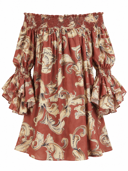 Brown Multi Print Off Sholder Mini Dress