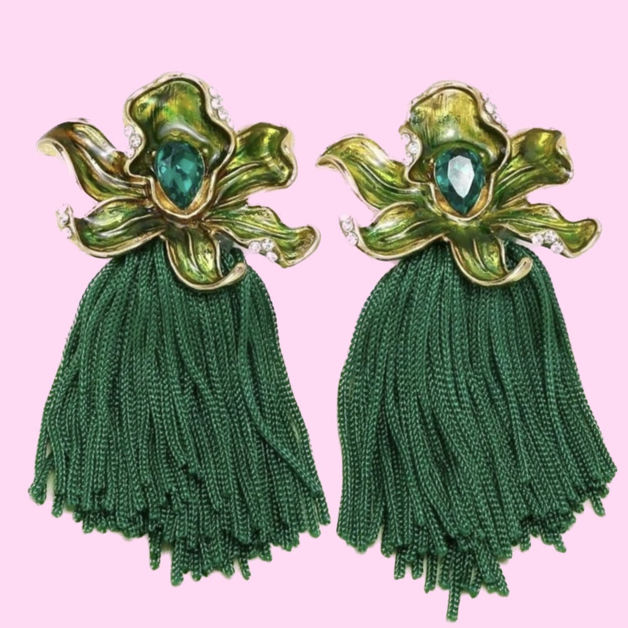 Green Flower Tassel Earrings