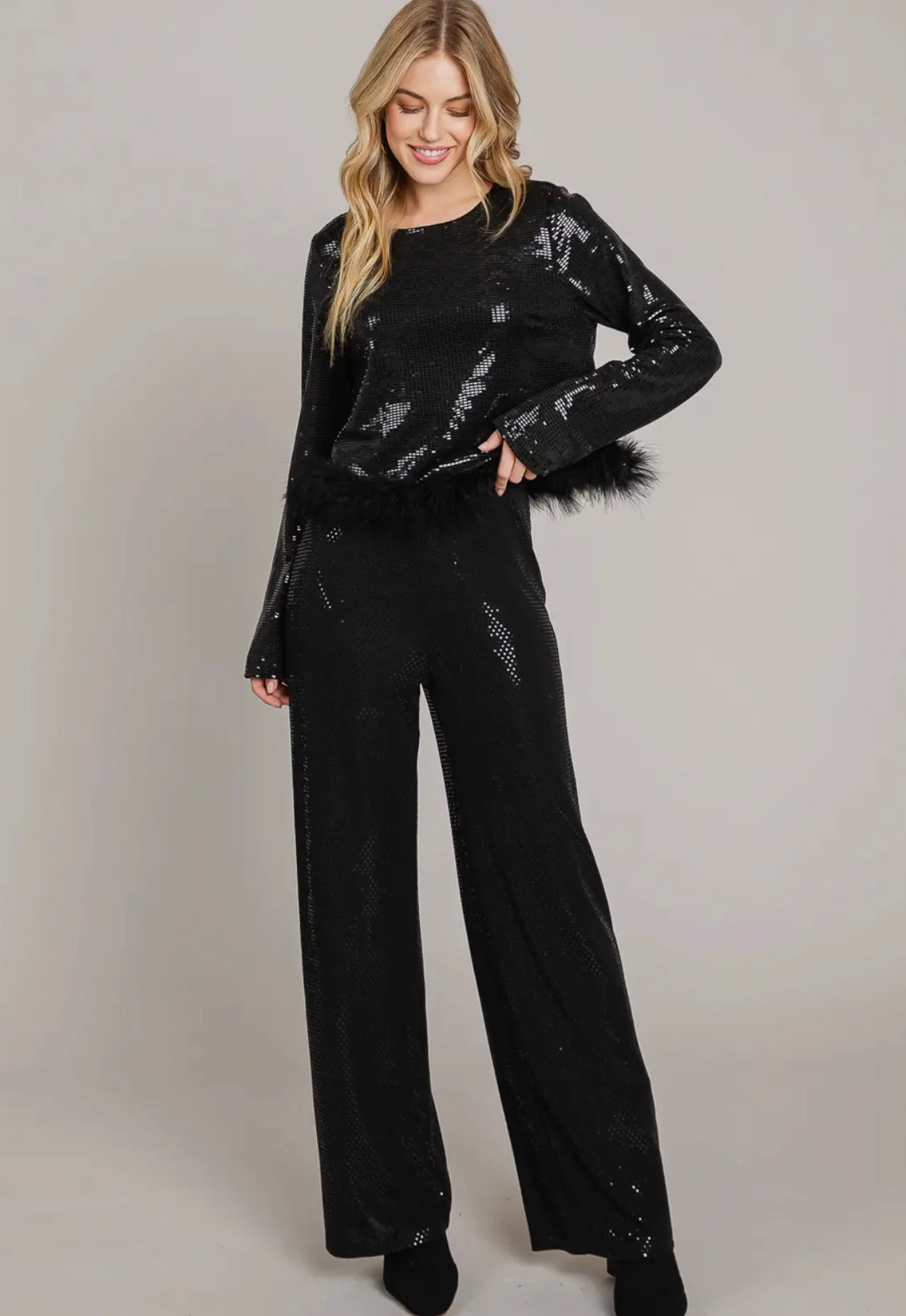 Black Sequin Feathered Waist Top