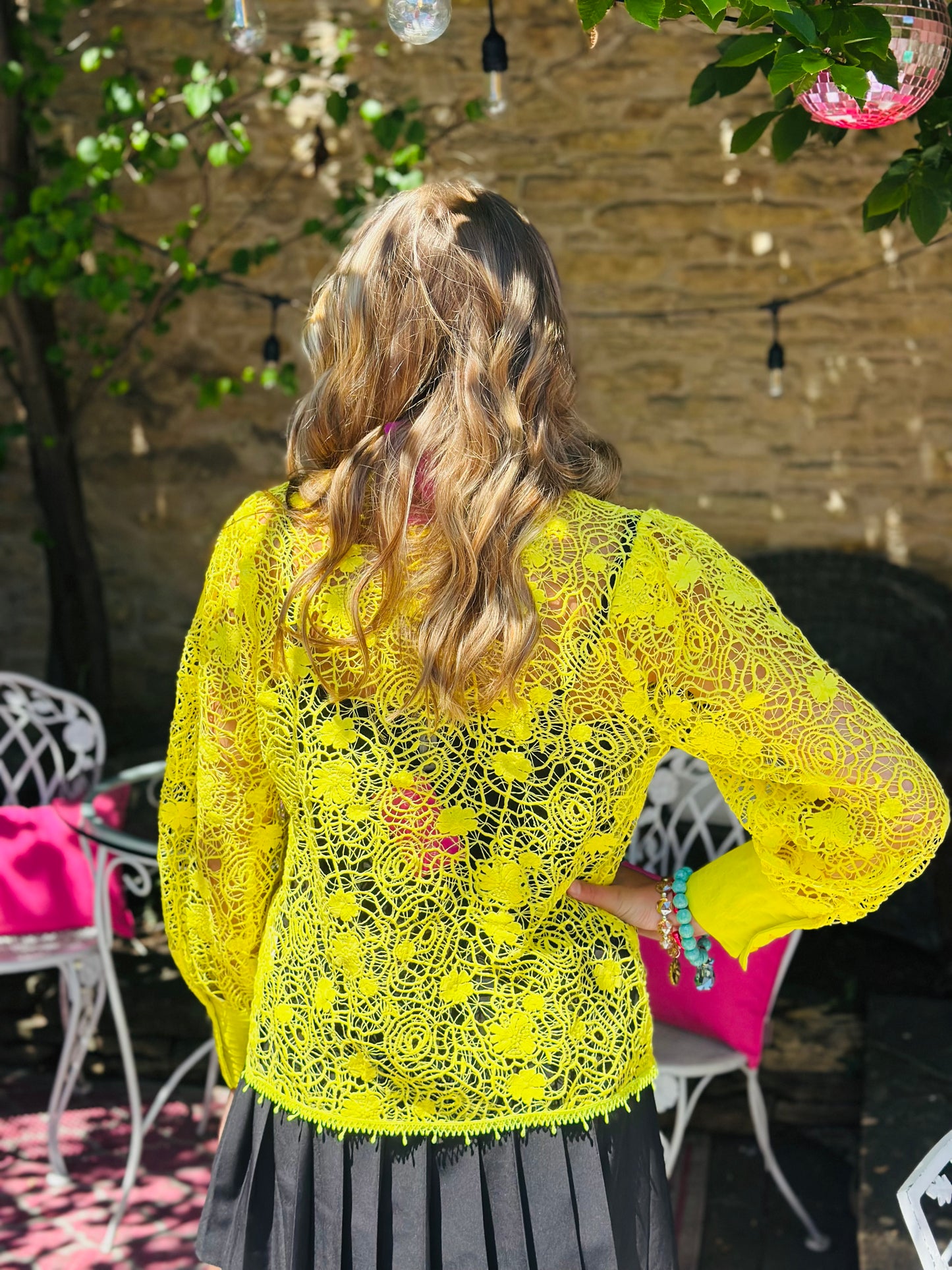 Yellow Puff Sleeve Lace Top