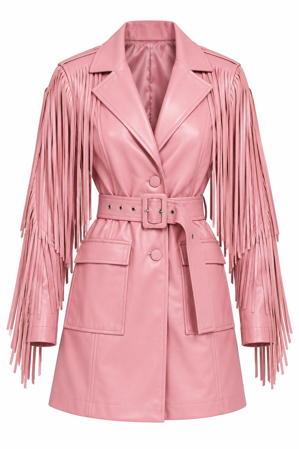 Pink Faux Leather Fringe Belted Coat Dress