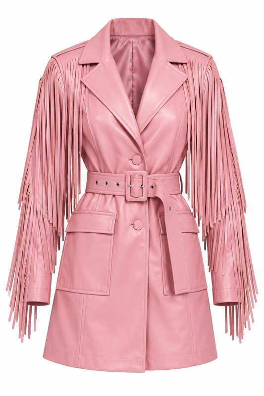 Pink Faux Leather Fringe Belted Coat Dress