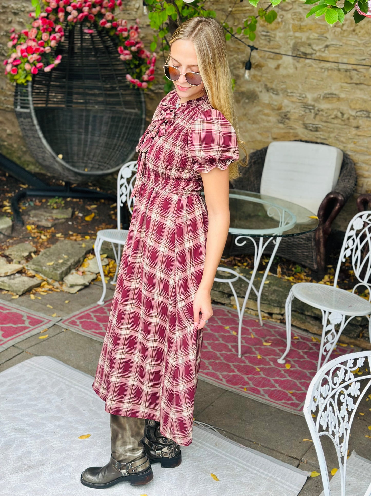 Plaid Burgundy Midi Dress
