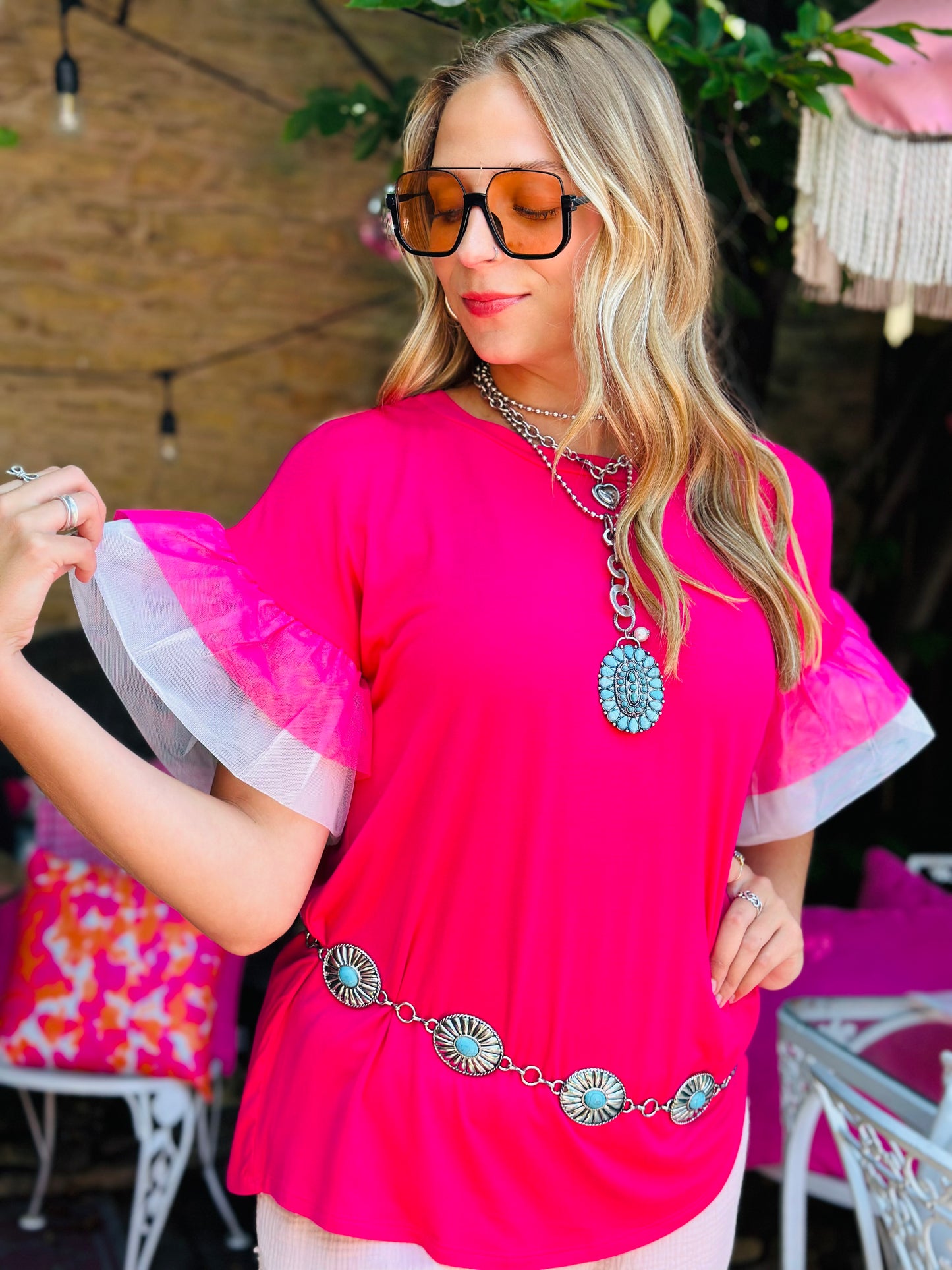 Pink Mesh Ruffled Sleeve Knit Top