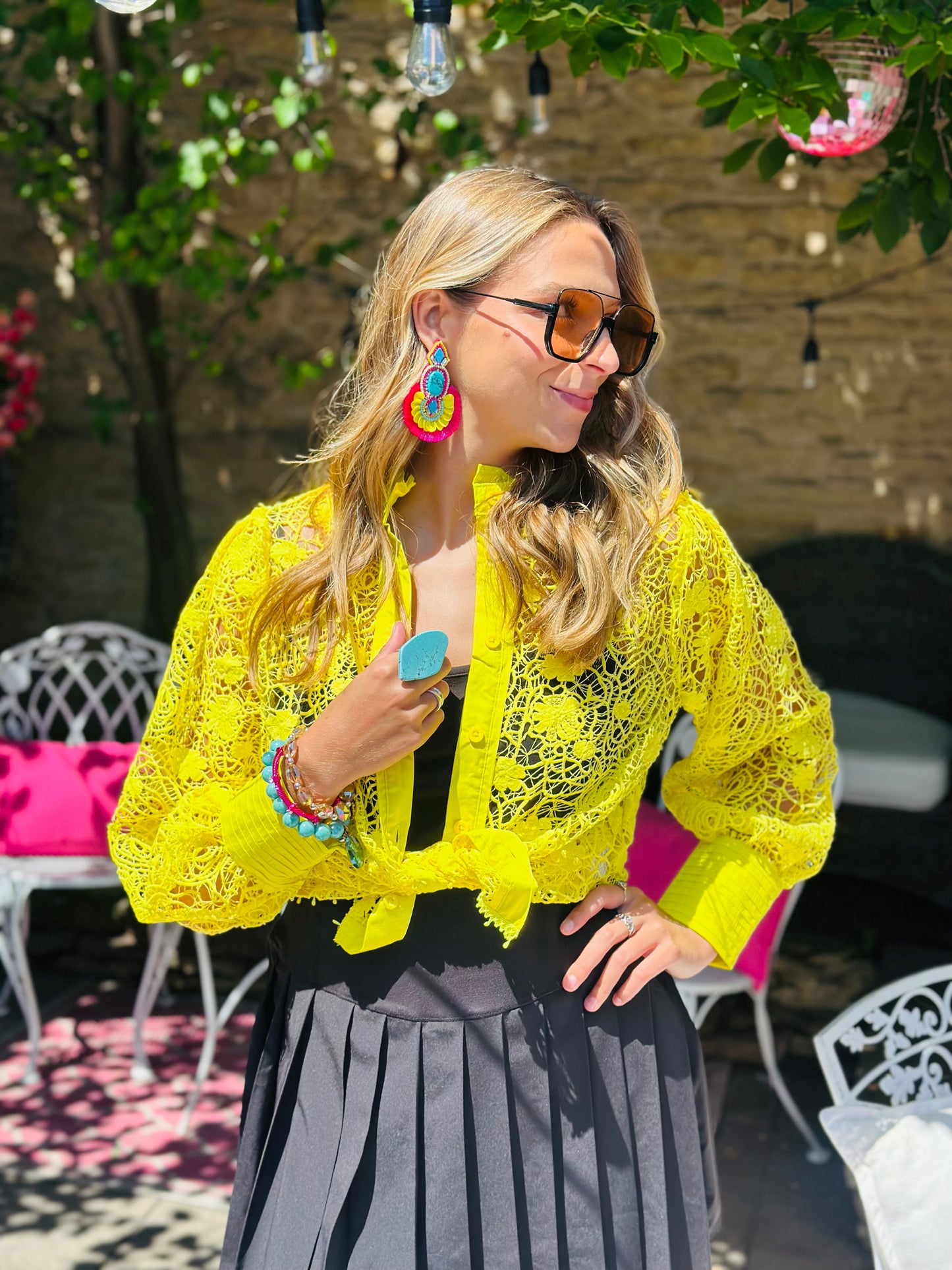 Yellow Puff Sleeve Lace Top