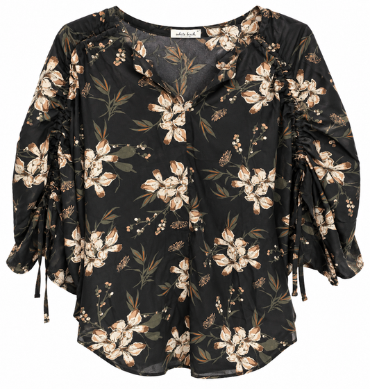 Black Floral Top with Drawstring Sleeve LG