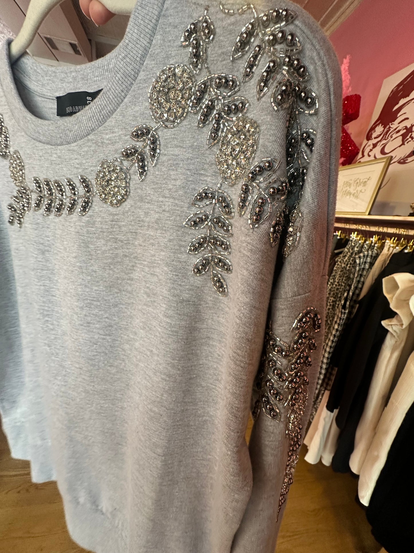 Grey Rhinestone Crew Top