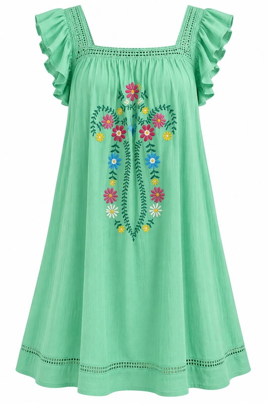 Teal Flower Embroidery Dress (LG)