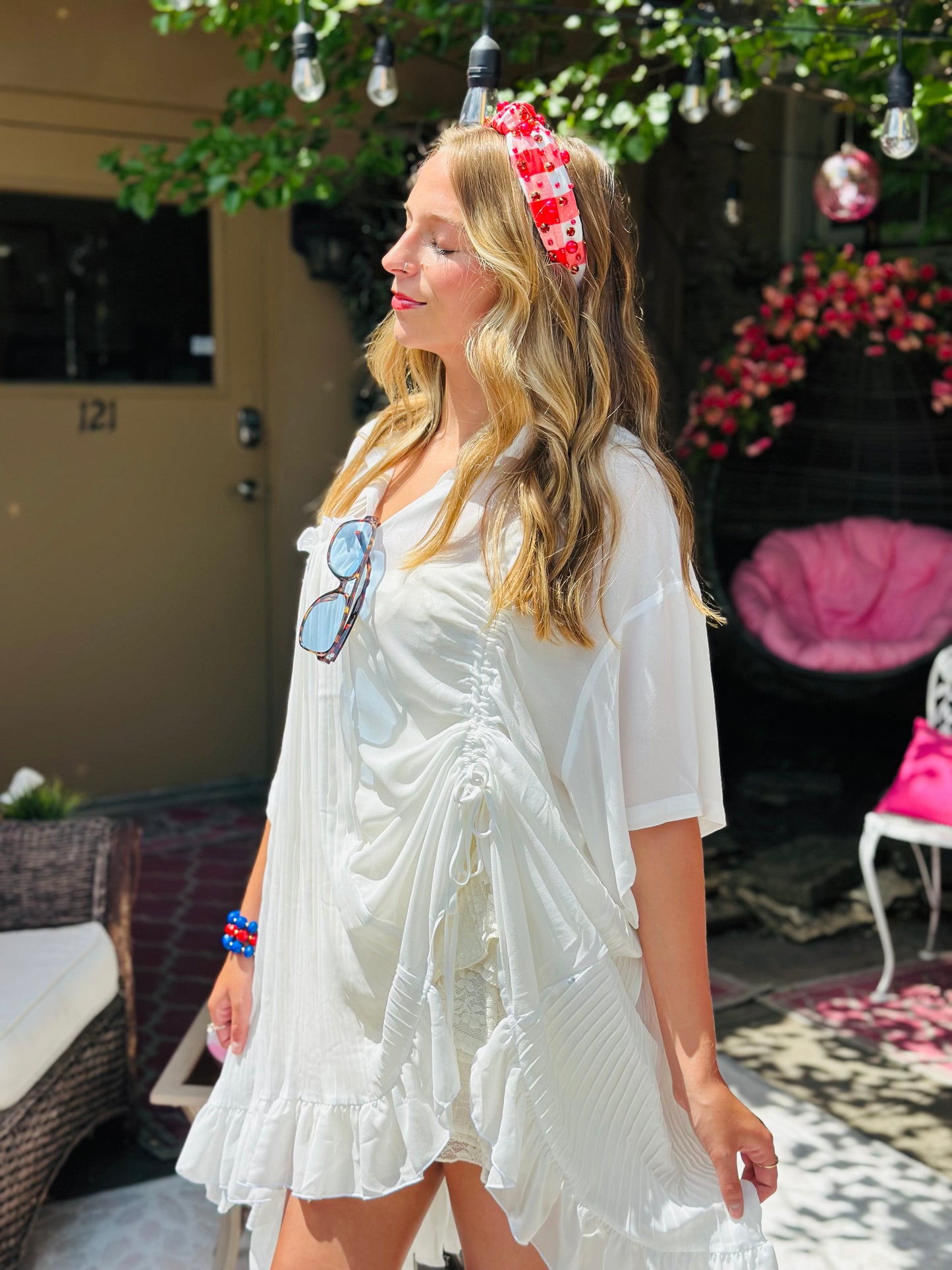 White Ruched Side Ruffle Hem Tunic Top