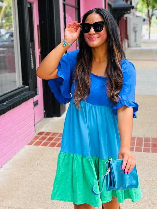 Blue Color Block Mini Dress
