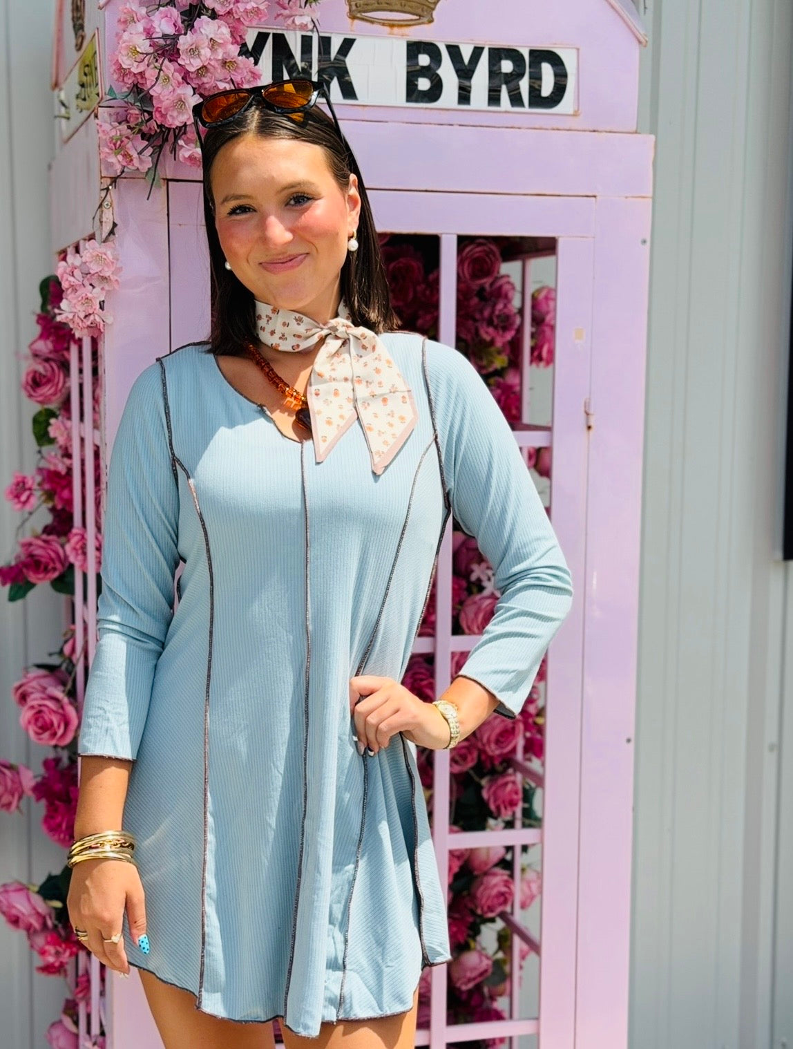 Frost Blue Brown Trim Tunic LG