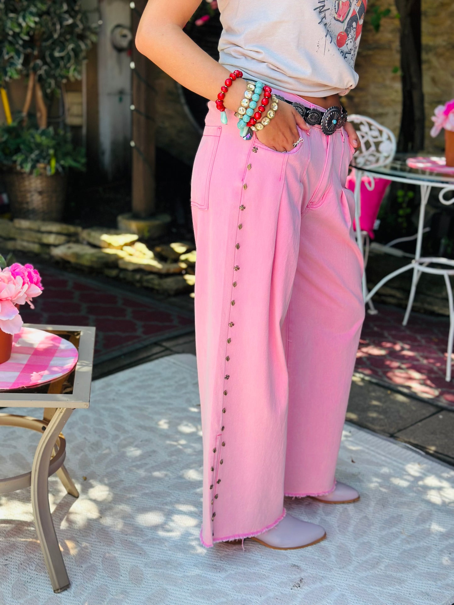 Pink  Stud Detail Twill Wide Woven Pants