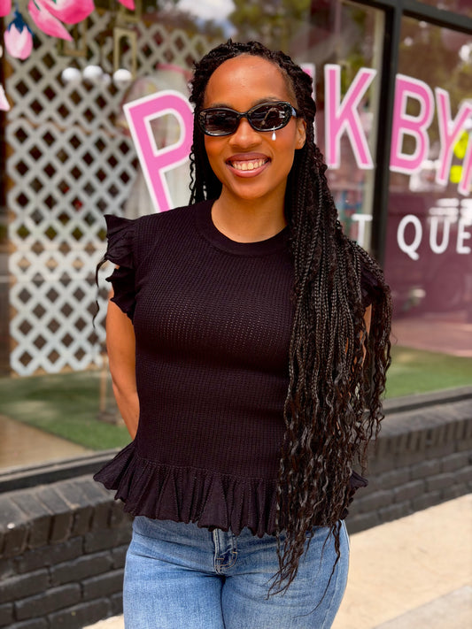 Black Ruffle Knit Top