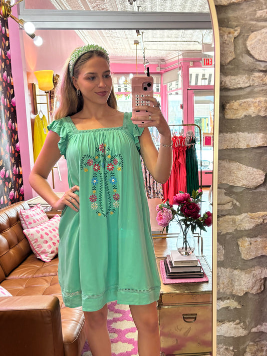 Teal Flower Embroidery Dress (LG)