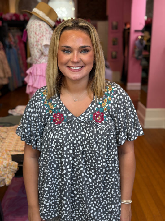 Grey + White Dot Boho Top (LG)