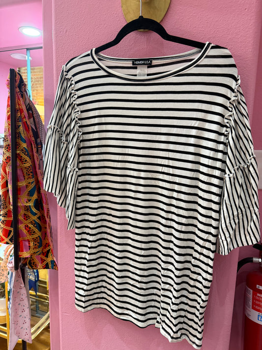 Black Stripe Ruffle Sleeve Top
