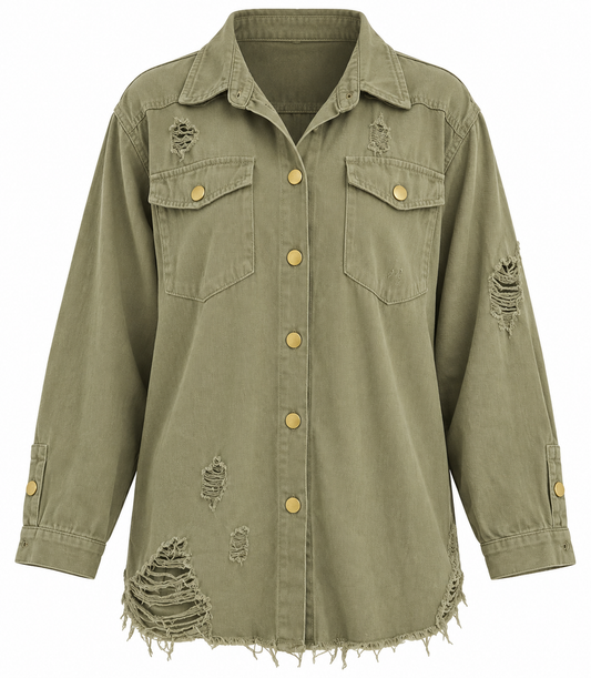 Olive Distressed Denim Shacket LG