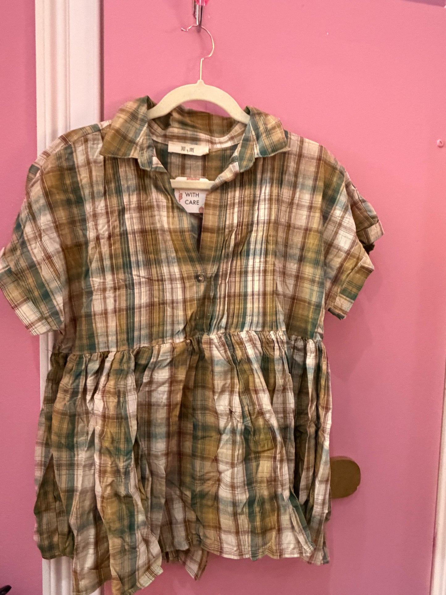 Olive Plaid Short Sleeve Top LG