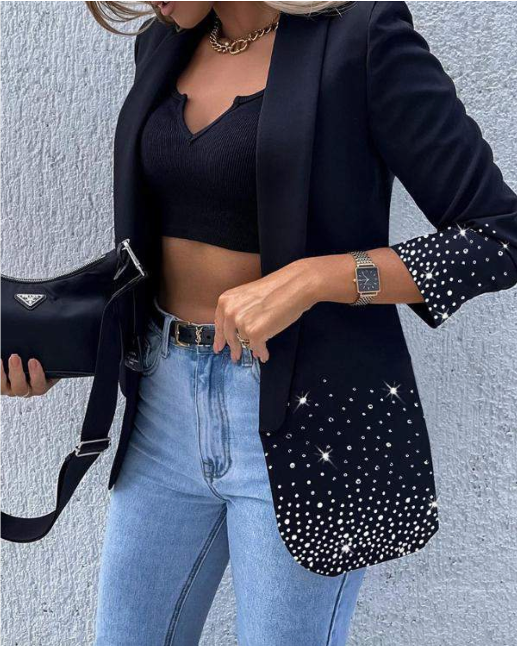 Black Rhinestone Boyfriend Blazer