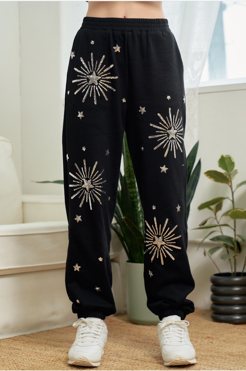 Black Sequin Patch Sweat Pants