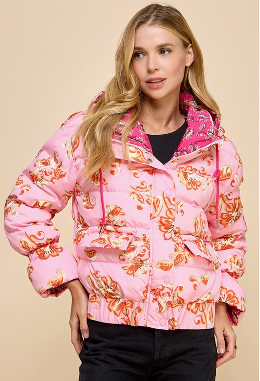 Floral Print Puffer Hooded Jacket