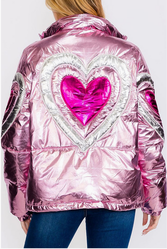 Metallic Heart Puffer Jacket