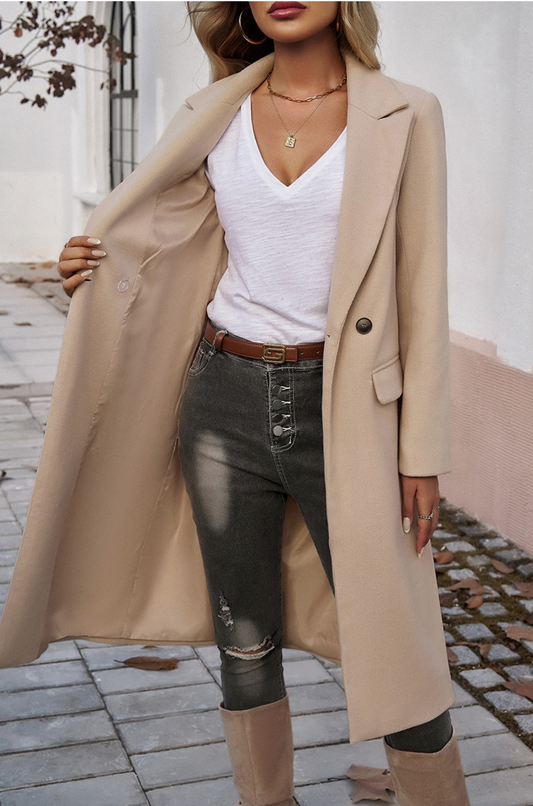 Beige Double Breasted Long Jacket Coat